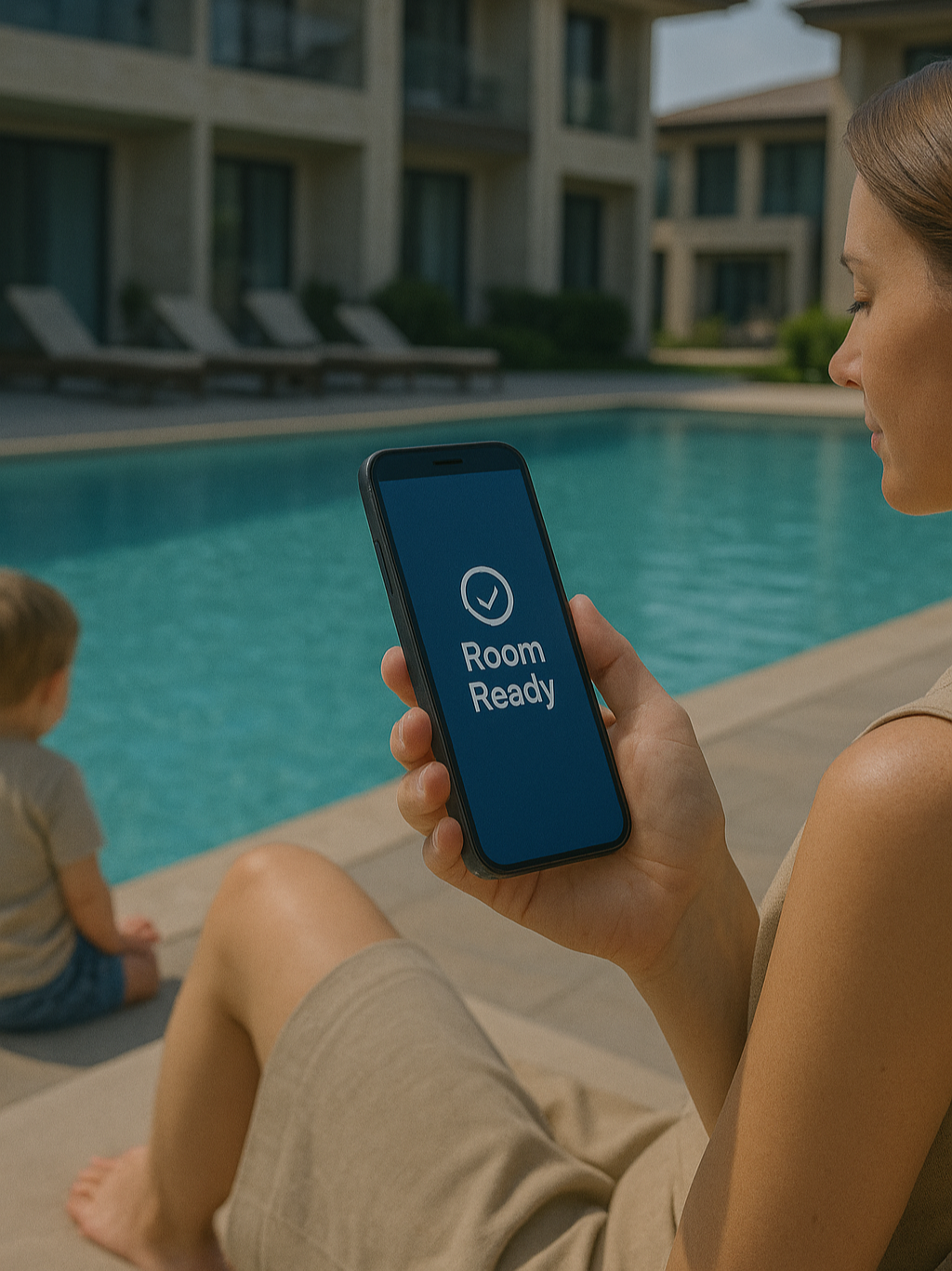 Guest checking phone poolside